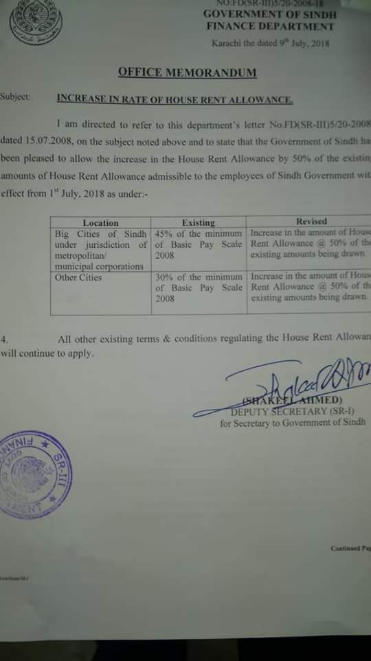 Notification Of House Rent Allowance Increase 2018 Sindh Government