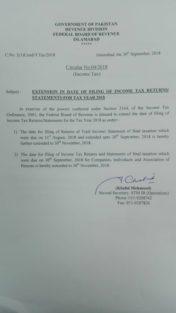 Notification Extension In Date Of Filing Of Income Tax Returns 