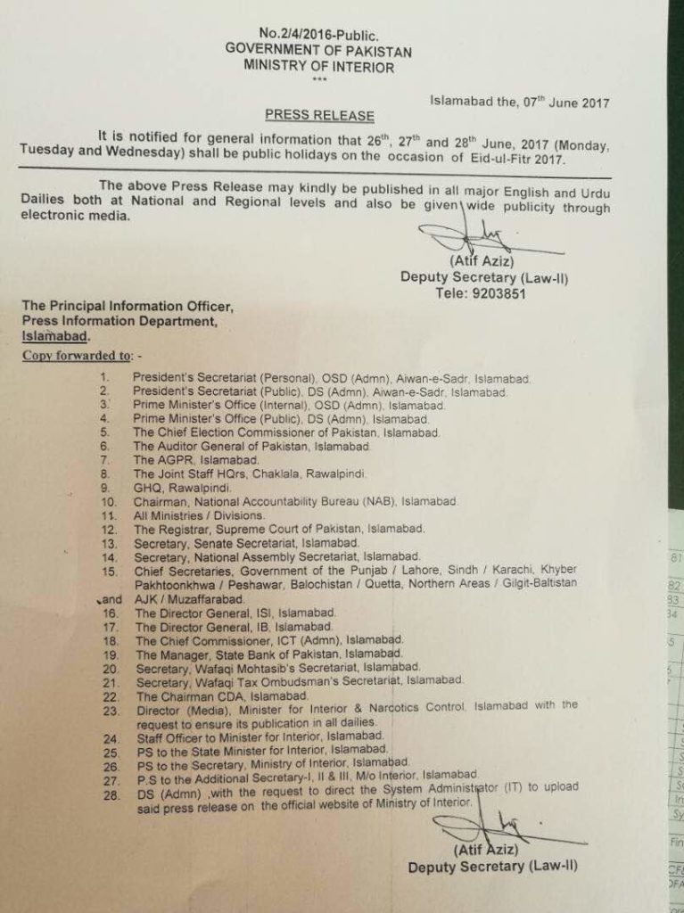 Notification Of Eid-ul-fitr Holidays 2017 By Federal Govt