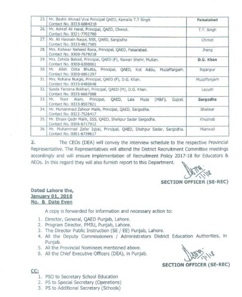 Notification of District Recruitment Committees for Interviews of Educators