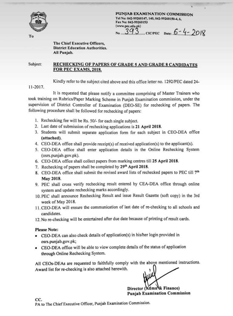 Notification of Rechecking Papers Grade 5 & Grade 8 Candidates for PEC ...