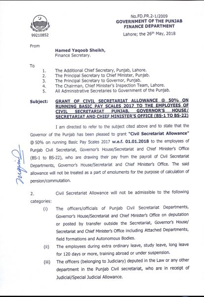 Notification of Grant 50% Civil Secretariat Allowance on Running Basic Pay