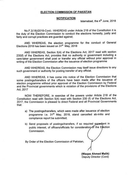 Ban on Posting Transfers Imposed by Election Commission of Pakistan