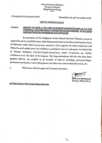 Notification of Grant BPS-17 to Superintendents of the Federal Govt