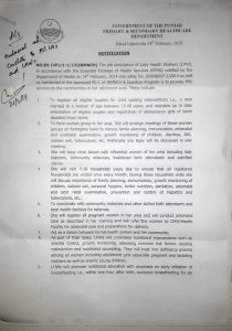 Notification of Job Description of Lady Health Workers (LHW)