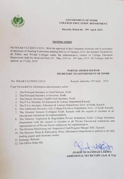 Notification of Summer Vacation 2019 College Education Department