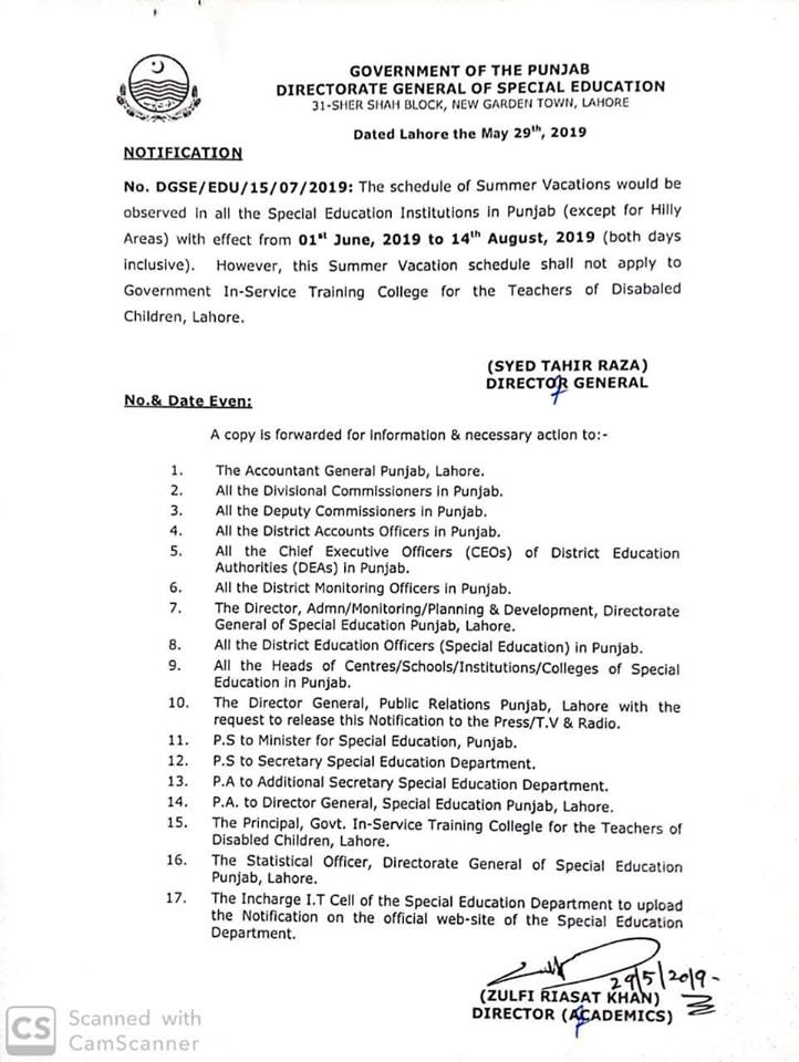 Summer Vacation 2019 Punjab Special Education Institutions