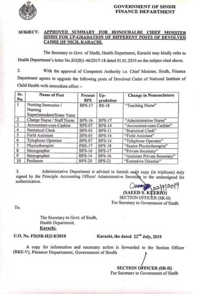 Summary Upgradation Different Posts of Devolved Cadre of NICH