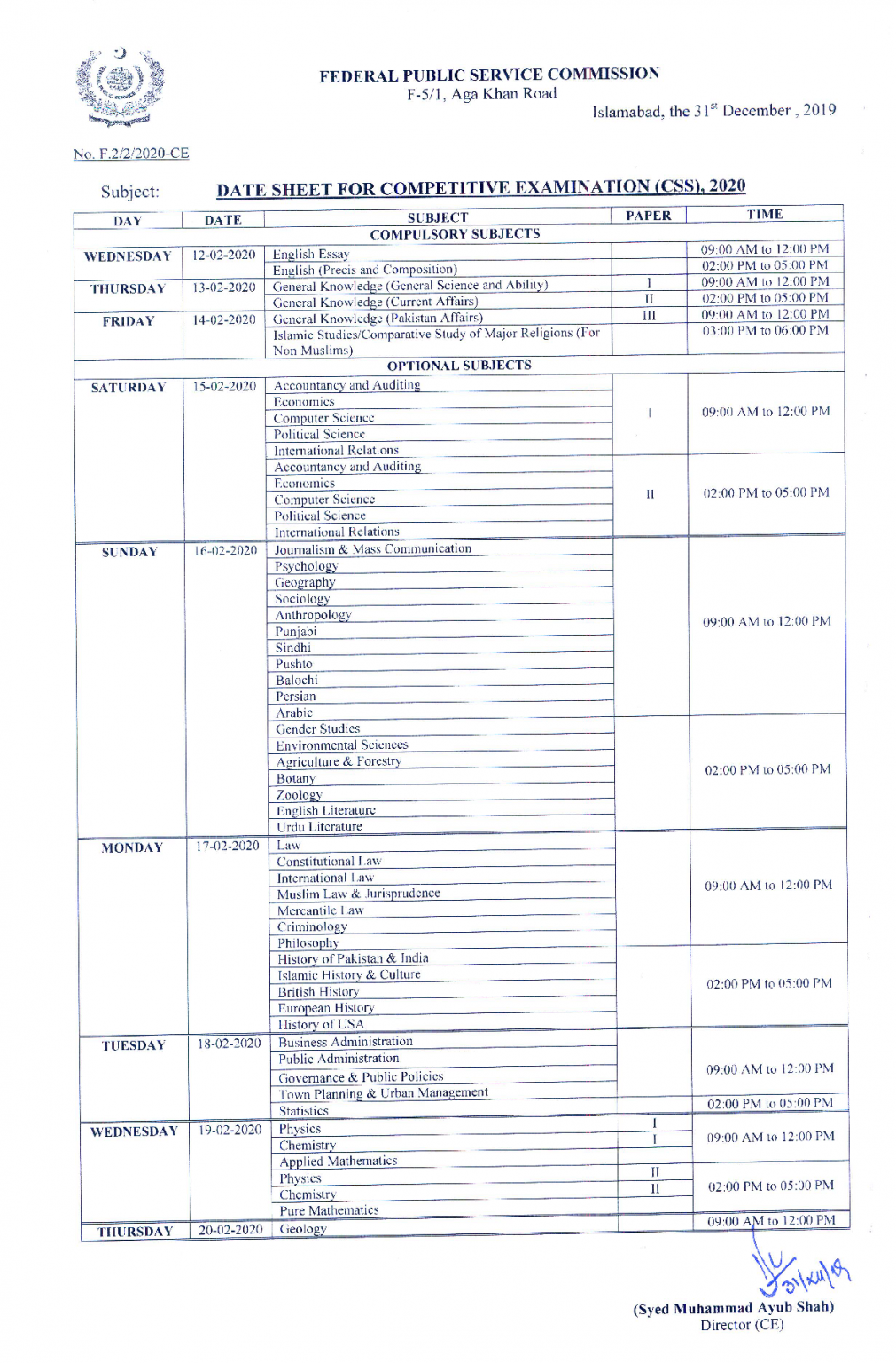 Date Sheet CSS Competitive Examination 2020 • Galaxy World