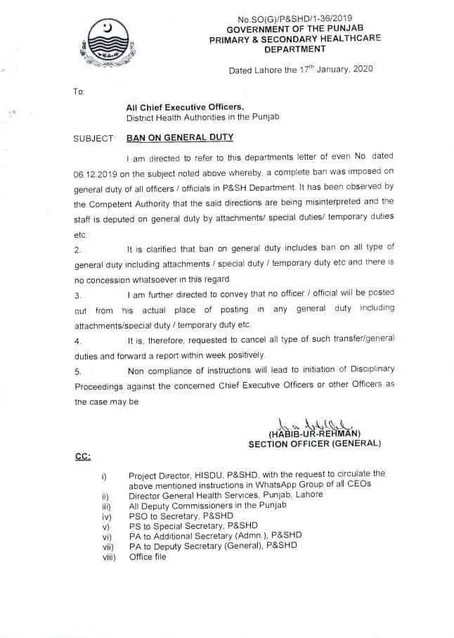 Notification of Ban on General Duty