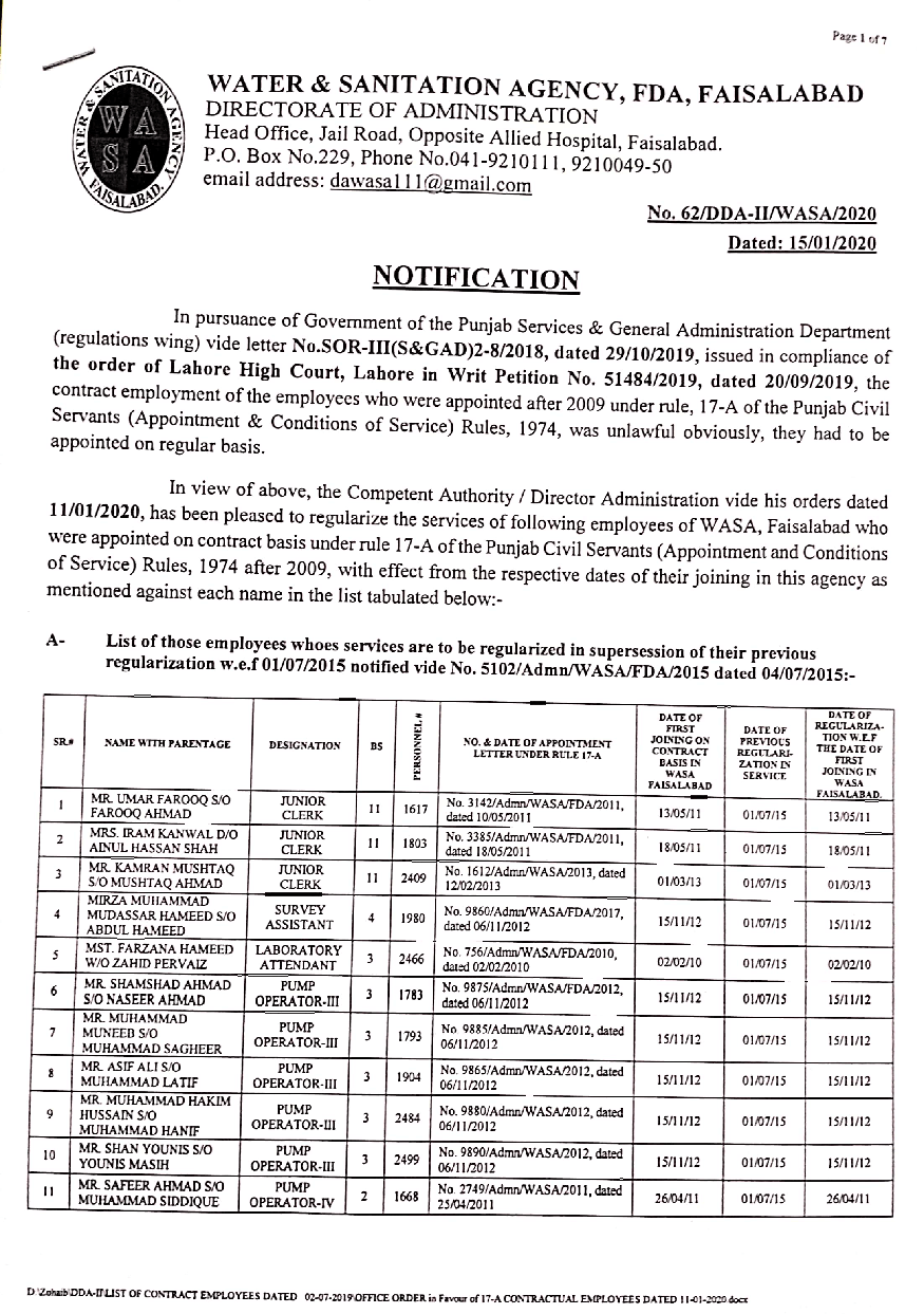 Regularization WASA Faisalabad Employees Appointed Under Rule 17-A