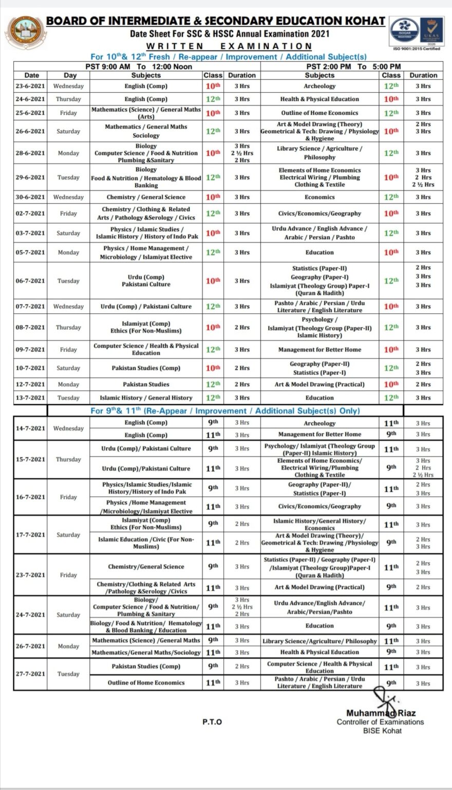 Bise Kohat Date Sheet Ssc And Hssc Exams Galaxy World