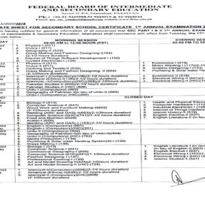 FBISE SSC Date Sheet Annual Exams 2023 (1st Annual) 9th/10th