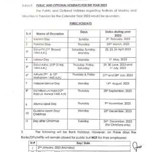 Notification of Iqbal Day Holiday and Other Holidays in 2015