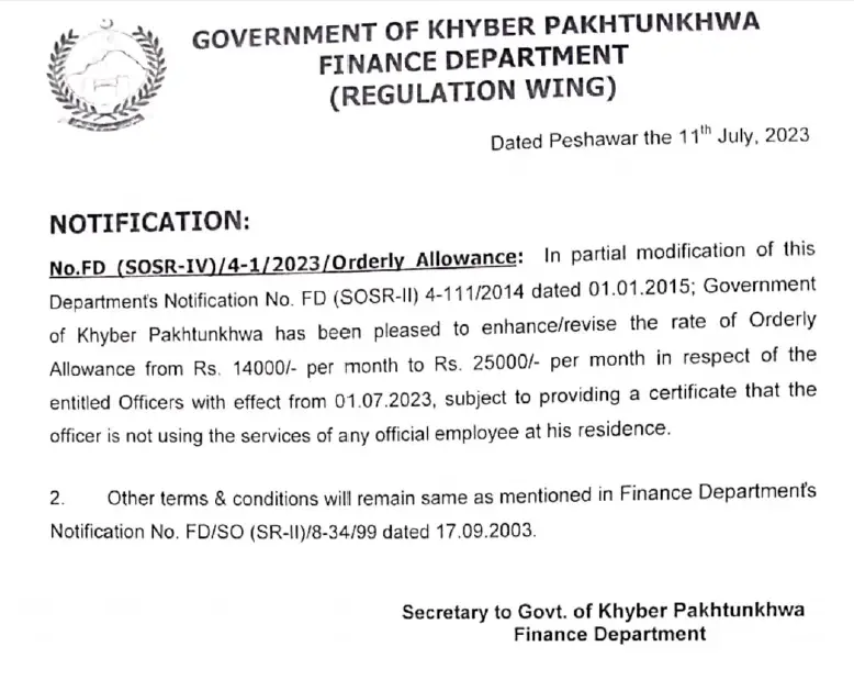 Notification Revised Rates of Orderly Allowance 2023 KP