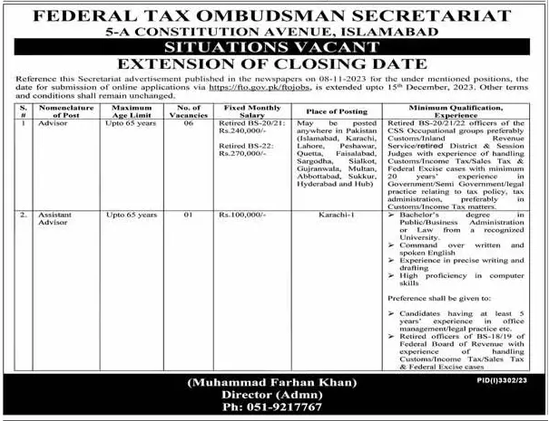 Federal Tax Ombudsman Secretariat Jobs Extension in Closing Date