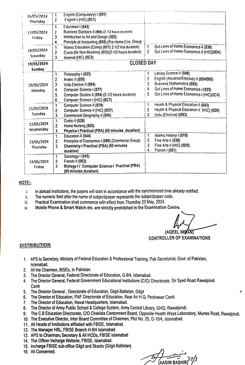 FBISE HSSC Date Sheet Annual Exams 2024 (Federal Board) • Galaxy World