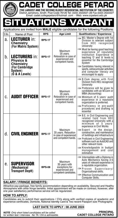 BPS-08 to BPS-17 Vacancies in CC Petaro 2024