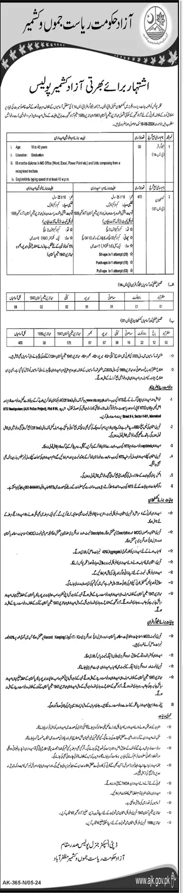 Constables and Stenographers Vacancies in AJK Police 2024