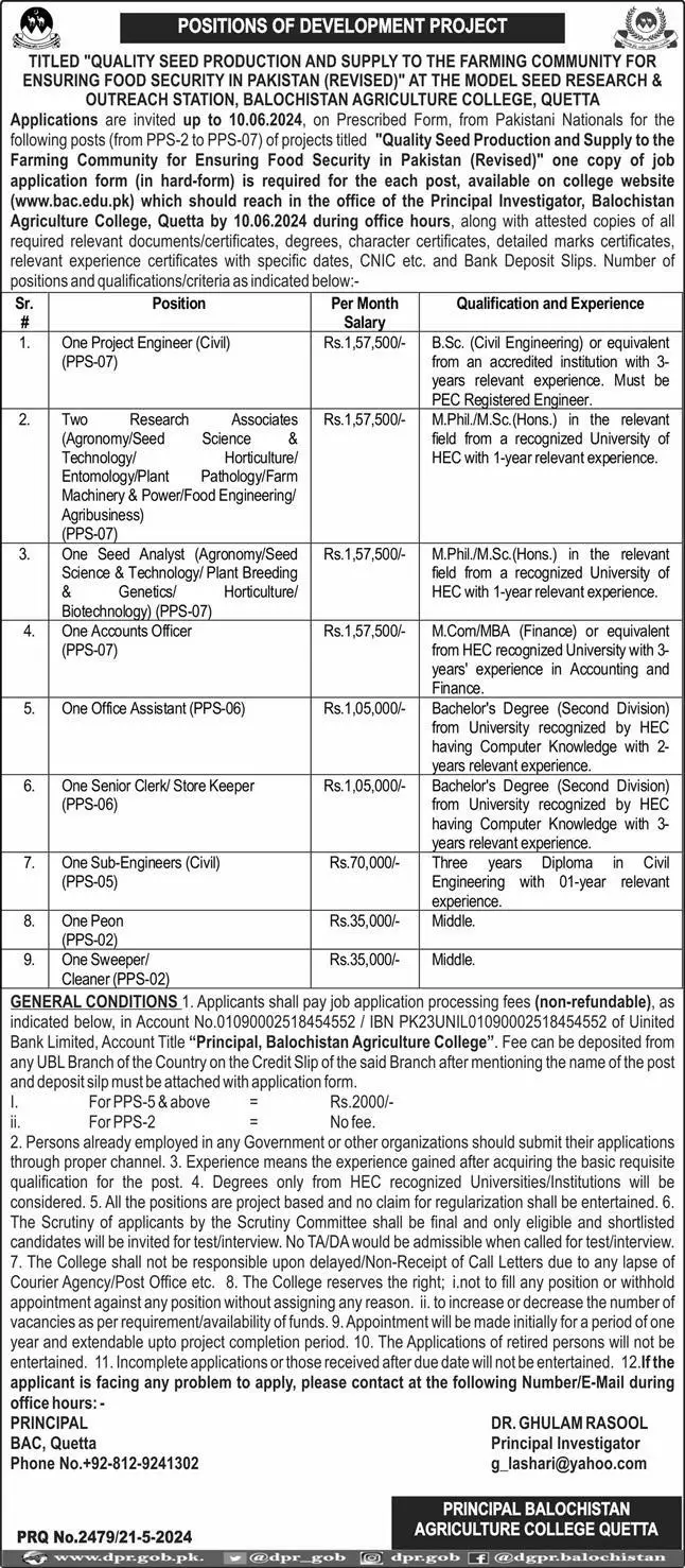 Contract Vacancies in Agriculture College Quetta 2024