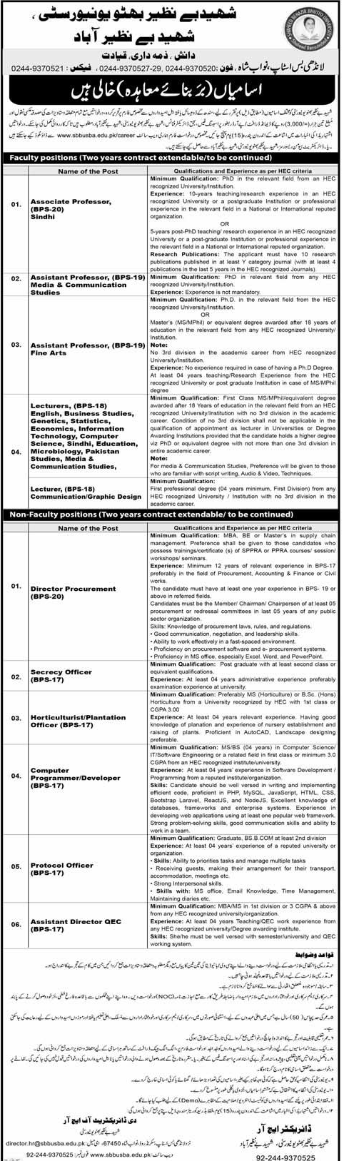 Contractual Vacancies 2024 in Shaheed Benazir Bhutto University