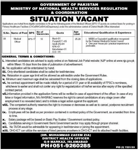 Government Vacancies in Ministry of National Health Services 2024
