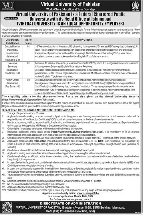 J-II and E-III Pay Scales VU Contractual Vacancies 2024