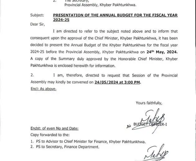 Notification of Announcement Budget 2024-25 on 24th May 2024 for KPK