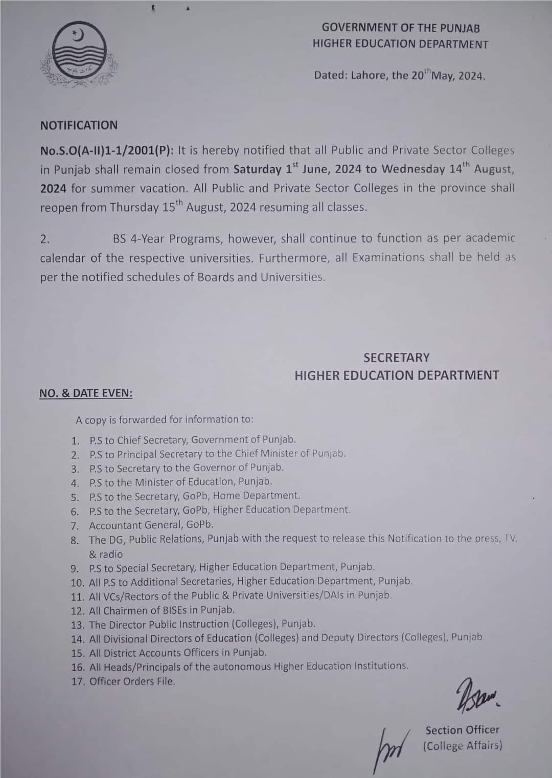 Notification Summer Holidays (Vacation) 2024 Government and Private Colleges Punjab