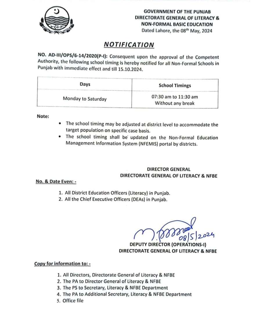 Notification of Revised School Timings Punjab for Non-Formal Schools 2024 May