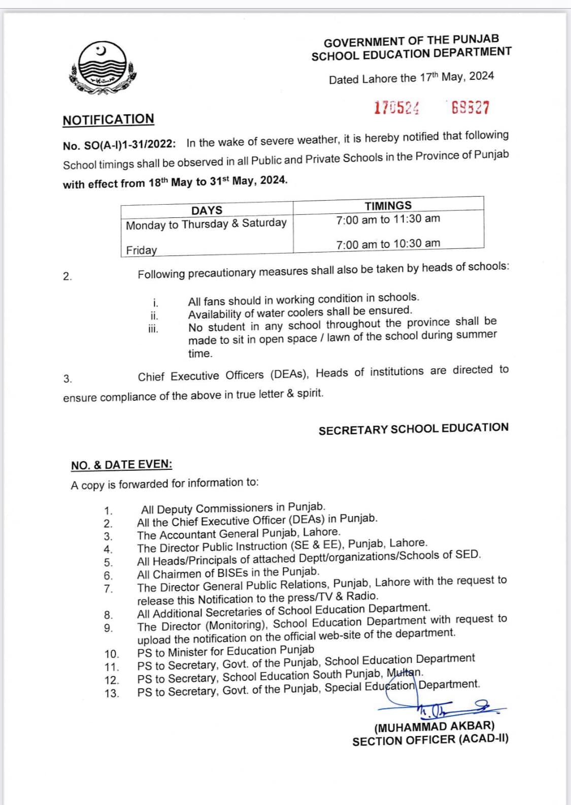 Notification Revised School Timings May 2024 Punjab Schools 