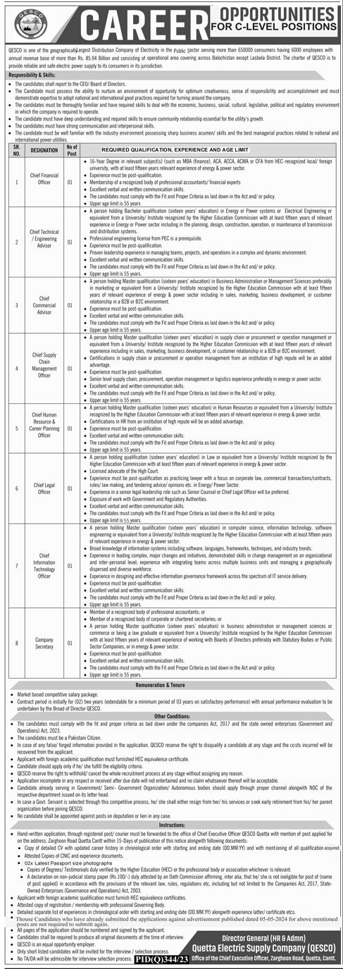 QESCO Vacancies 2024 for C-Level Positions