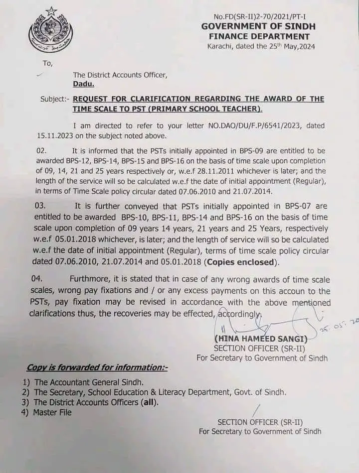 Request for Clarification Regarding the Award of the Time Scale to PST Primary School Teacher