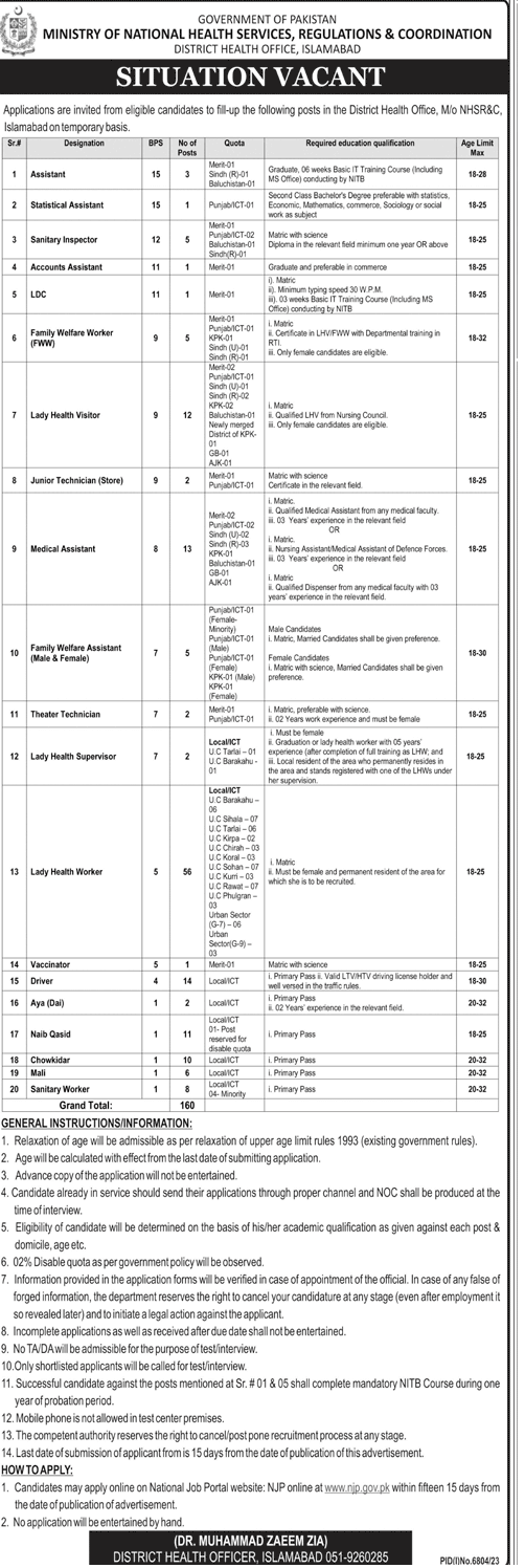 Vacancies in Ministry of National Health Service Islamabad