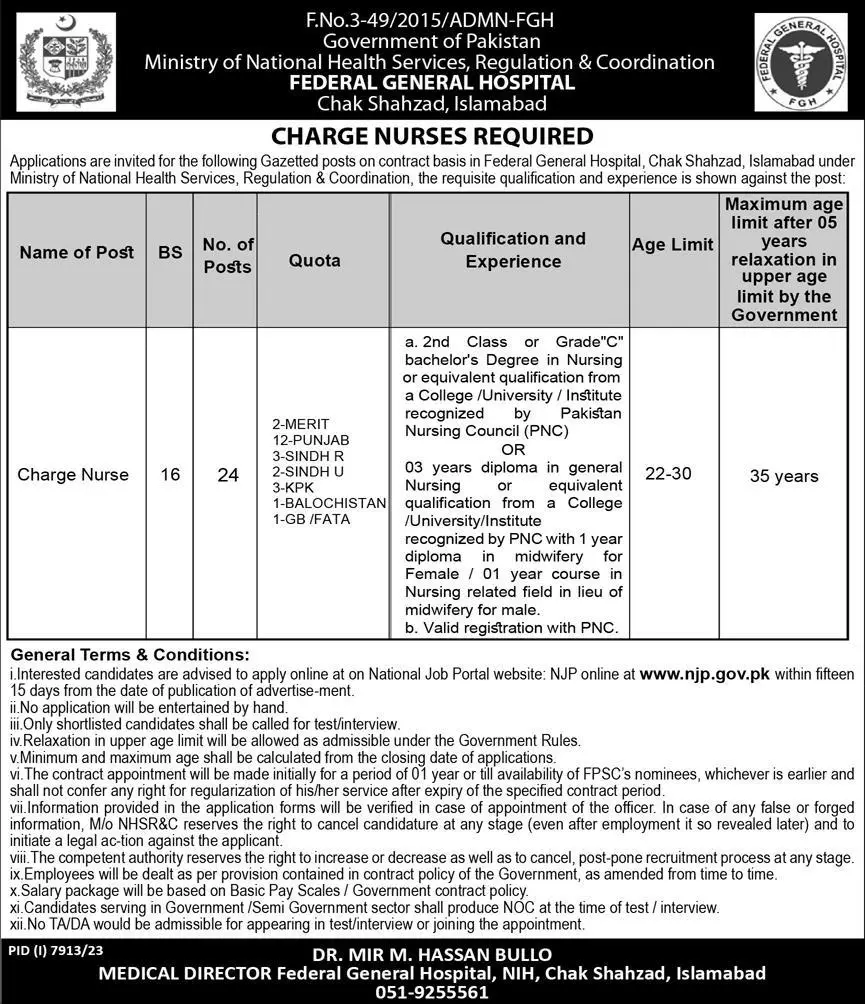 Charge Nurses (BPS-16) Vacancies 2024 Islamabad