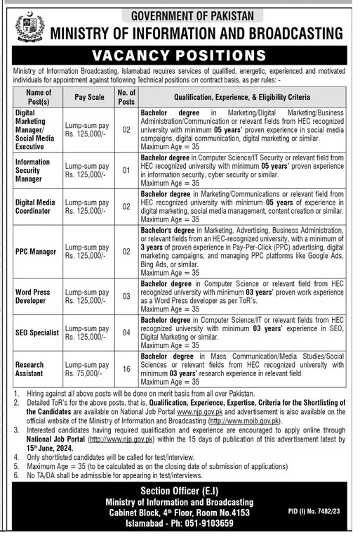 Contractual Vacancies in Ministry of Information and Broadcasting 2024