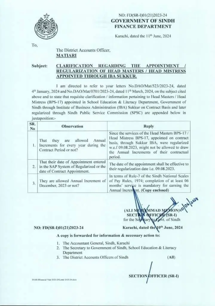 Notification Clarification Regarding Appointment Regularization Headmasters Headmistress Appointed through IBA Sukkur