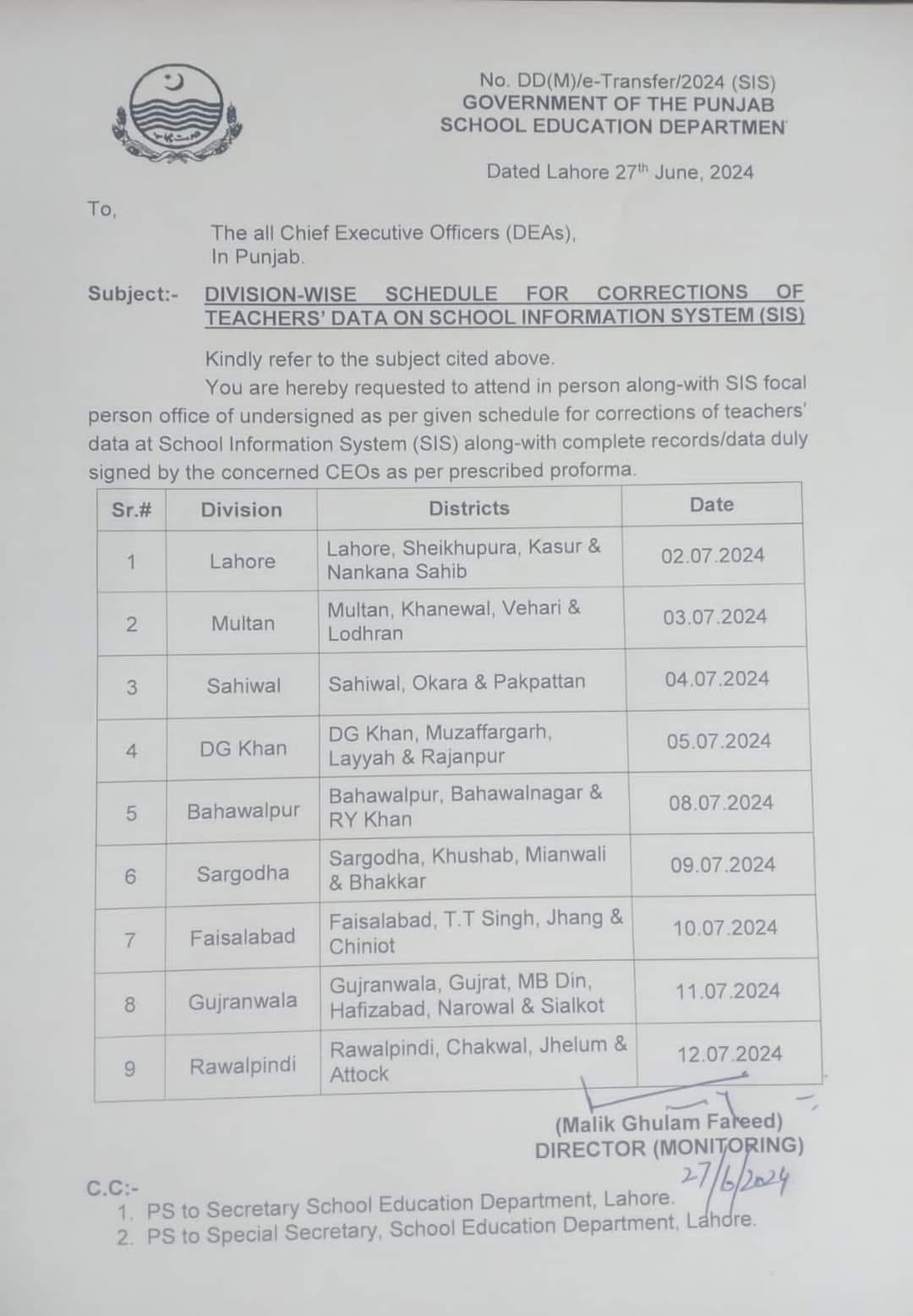 Notification Division Wise Schedule for Correction of Teachers Data on SIS