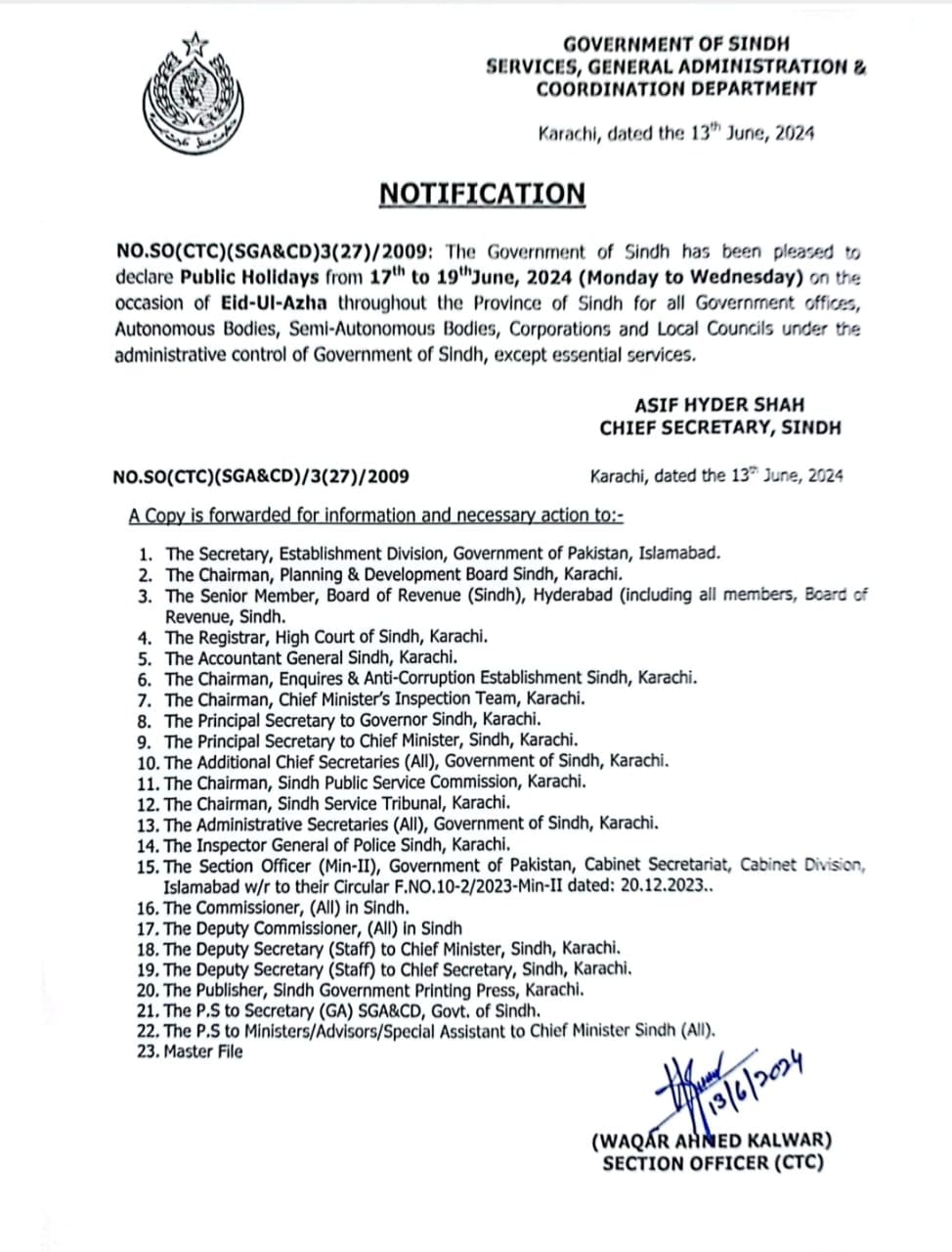Notification Eid-ul-Azha Holidays Sindh 2024