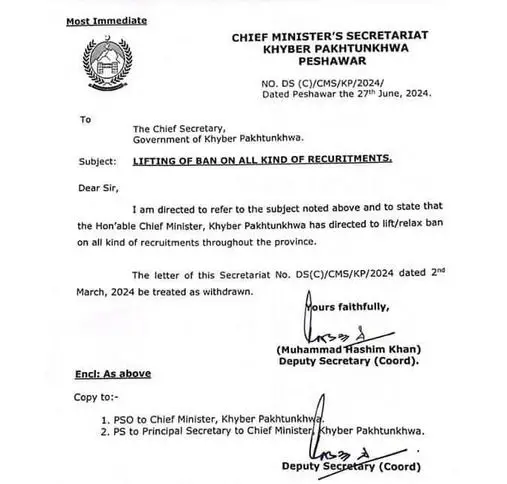 Notification Lifting Ban on Recruitment in KP 2024