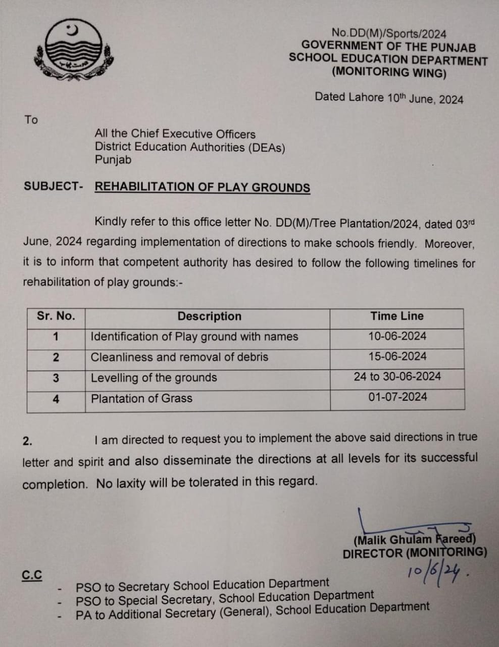 Notification Rehabilitation of Play Grounds 2024 (SED Punjab)