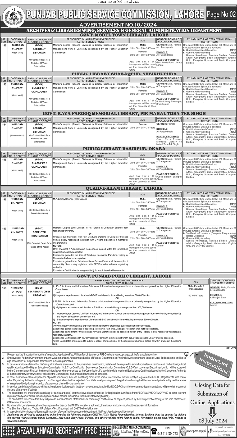Punjab Public Service Commission Jobs Ad No. 10 / 2024