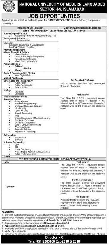 Visiting / Contractual Vacancies 2024 in NUML Islamabad 