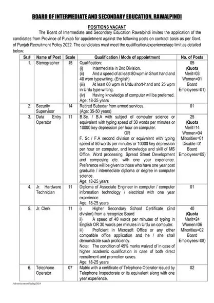BISE Rawalpindi Contractual Vacancies 2024