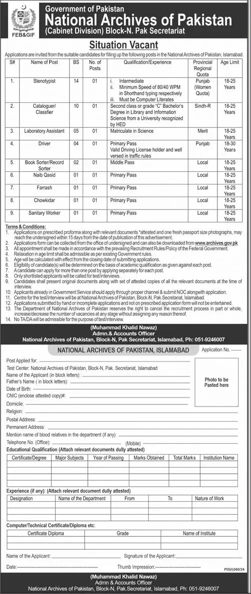 BPS-01 to BPS-14 National Archives of Pakistan Vacancies 2024