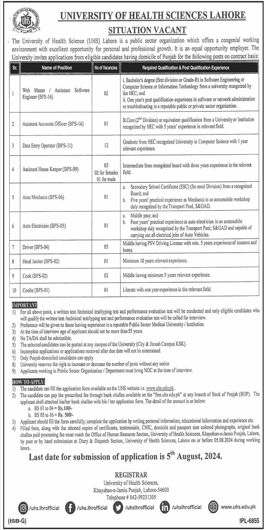 BPS-01 to BPS-16 Non-Teaching Vacancies in UHS 2024