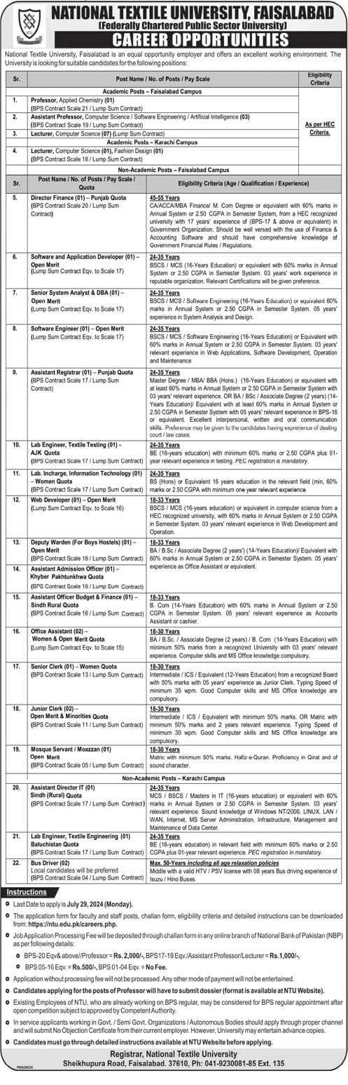 Contractual and Lump Sum Based NTU Faisalabad Vacancies 2024