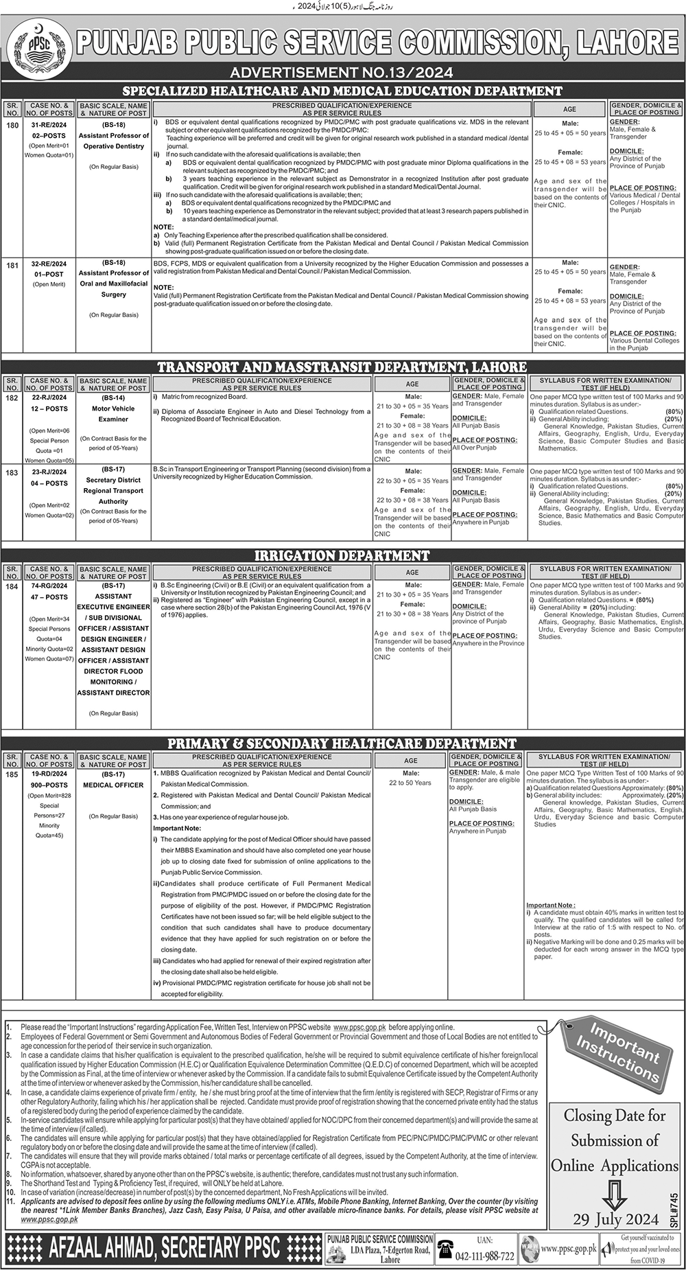 Health and Irrigation Department Vacancies through PPSC 2024