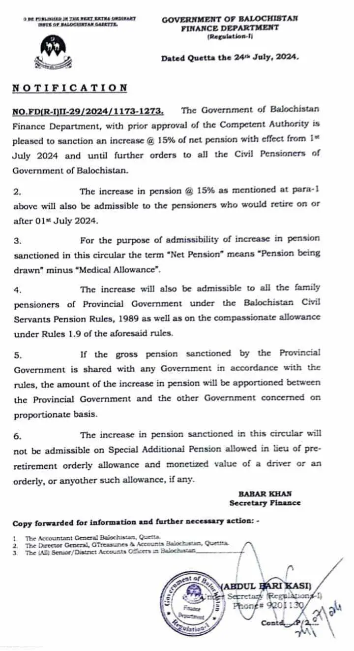 Increase in Pension 2024 Balochistan Pensioners @ 15% of Net Pension