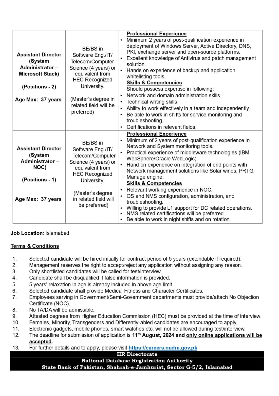 National Database Registration Authority Headquarters Islamabad Jobs July 2024 